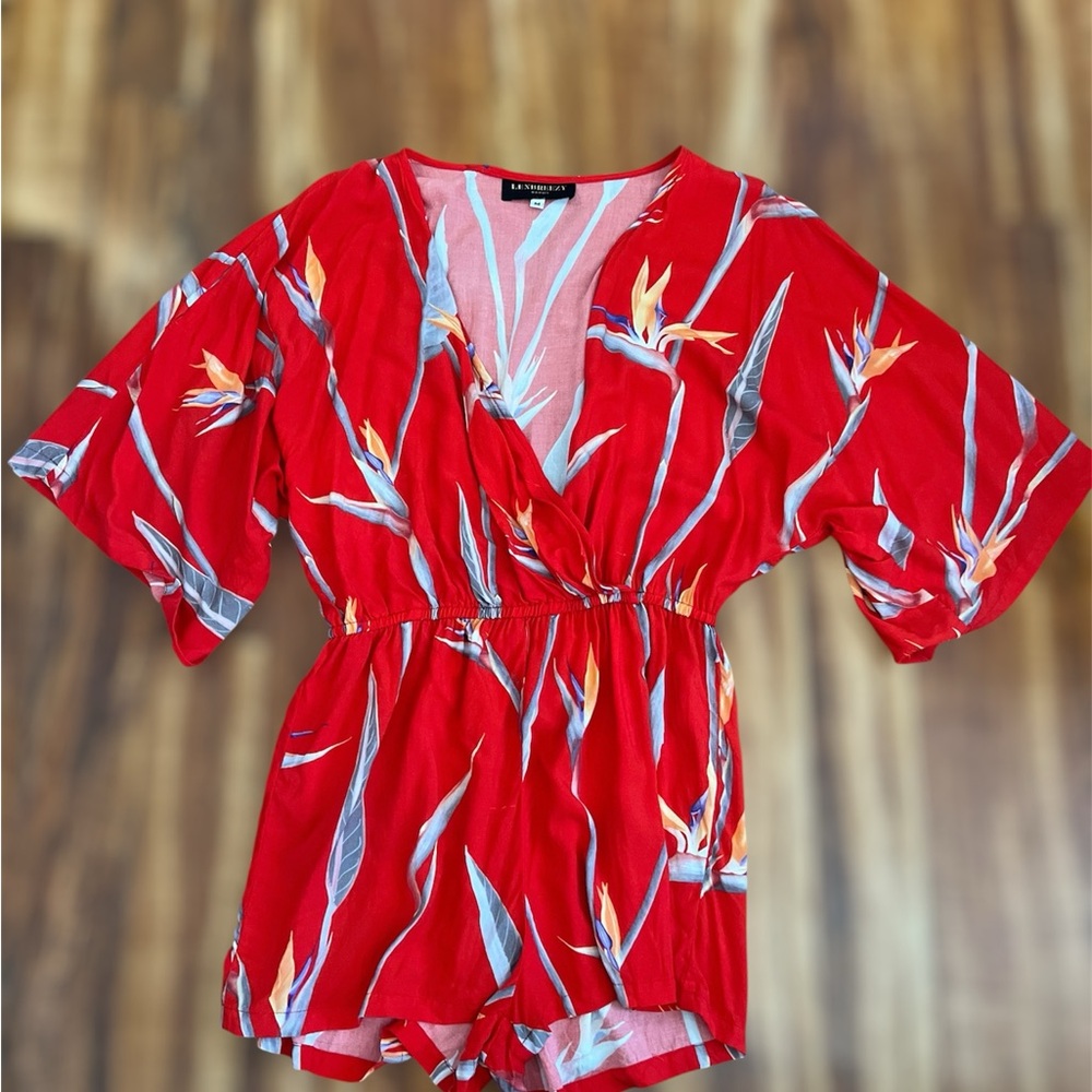 Lexbreezy Hawai’i Red Tropical Print V-Neck Romper Camisole